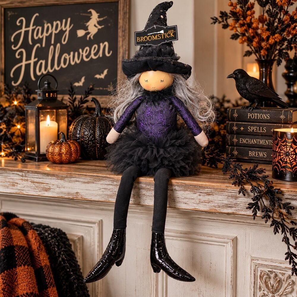 Broomstick Blvd Halloween Witch Doll 24” Shelf Sitter Purple Black NWT